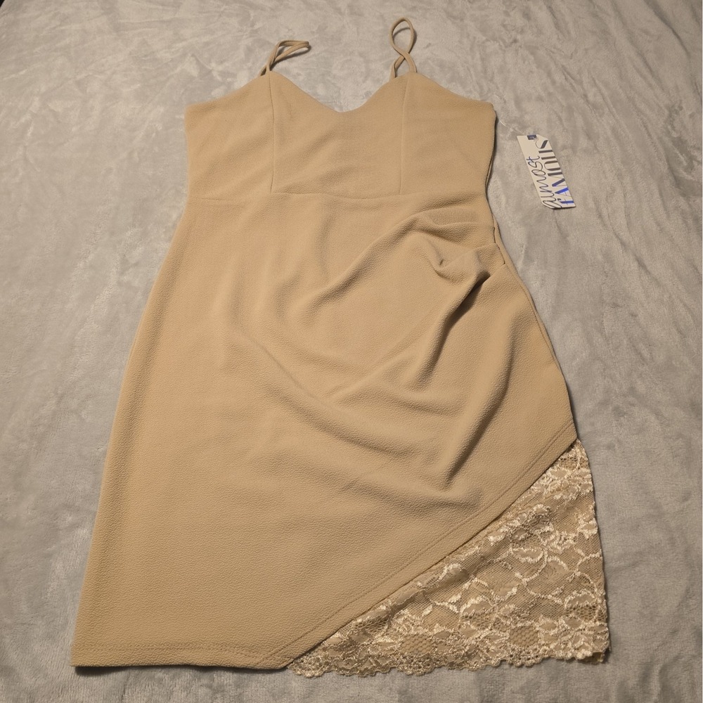 Almost Famous Beige Peakaboo Lace Mini Dress Size XL Homecoming Asymmetrical New
